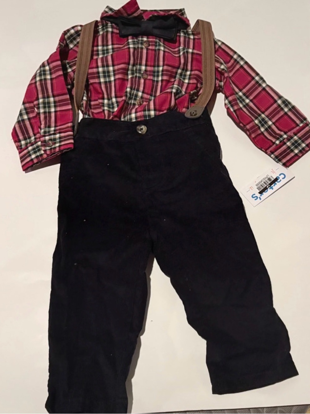 Carter's Red Plaid Shirt with Black Pants and Brown Suspenders